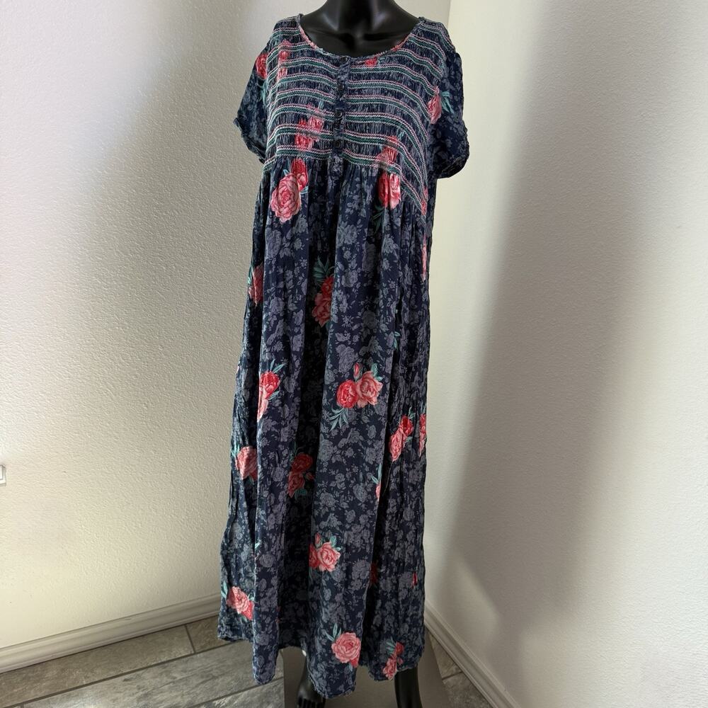 Shyla Floral Smocked Muumuu Dress Size XL Navy Pink Rose Lounger Housecoat